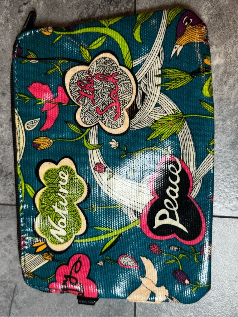 Sakroots Teal Floral 'Peace' Zip Pouch with Pink, Green, Cream & Black Accents